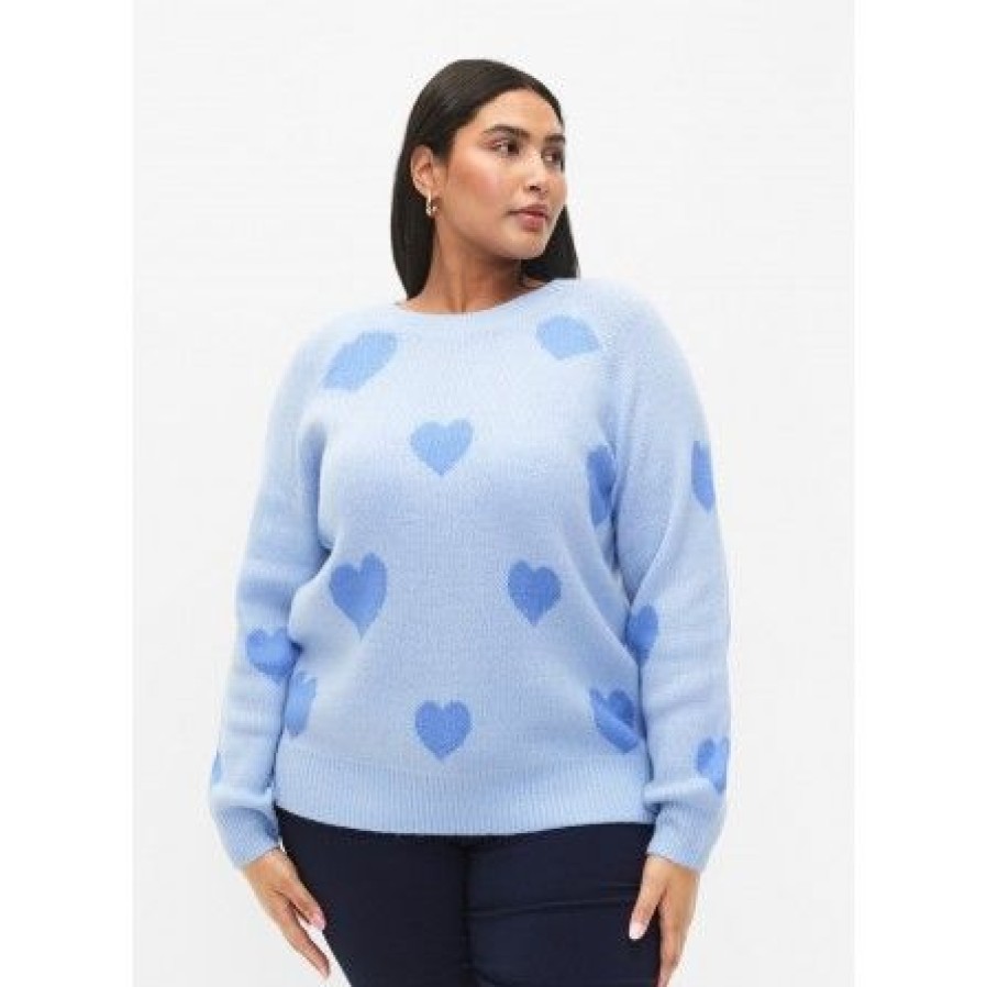 Plus Size Zizzi | Zizzi Cavalentine L/S Pullover - Lysebla Strik Med Hjerter Ca61295A Ch. Blue/Blue Bonnet