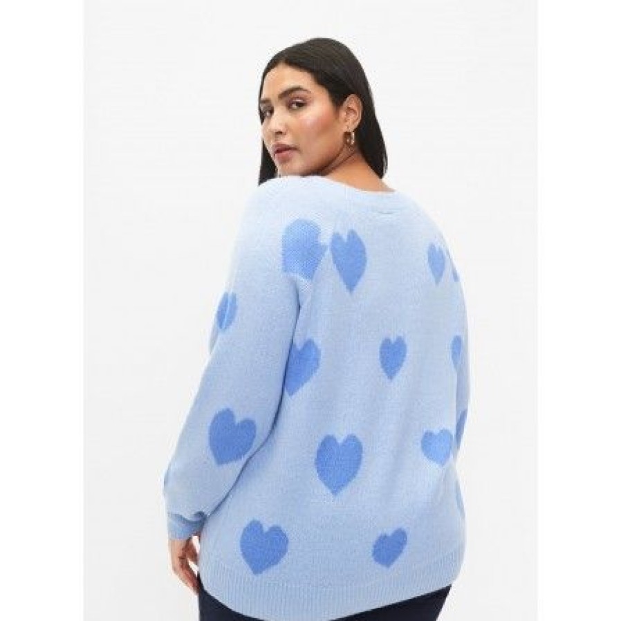 Plus Size Zizzi | Zizzi Cavalentine L/S Pullover - Lysebla Strik Med Hjerter Ca61295A Ch. Blue/Blue Bonnet