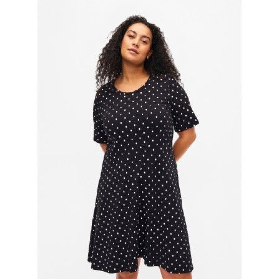 Plus Size Zizzi | Zizzi Vpolly S/S Dress - Prikket Kjole V50036H Black W White Dot