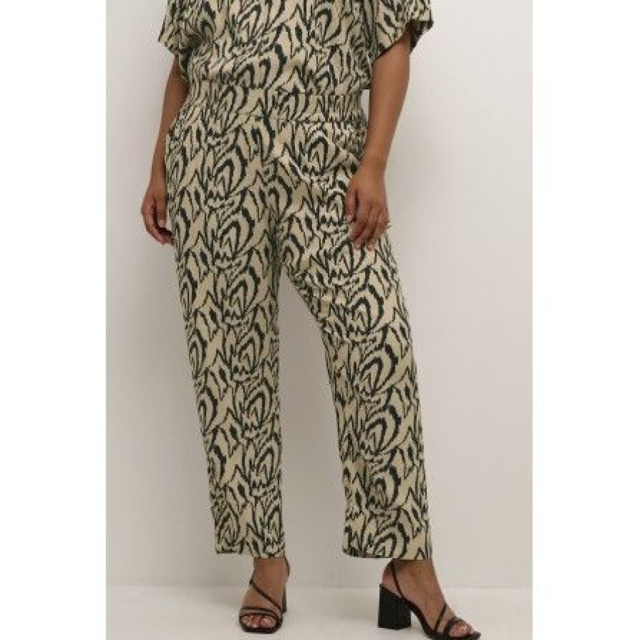 Plus Size Kaffe Curve | Kaffe Curve Kccecilie 7/8 Pants - Dyreprintede Bukser 10581512 Sand/Black Graphic