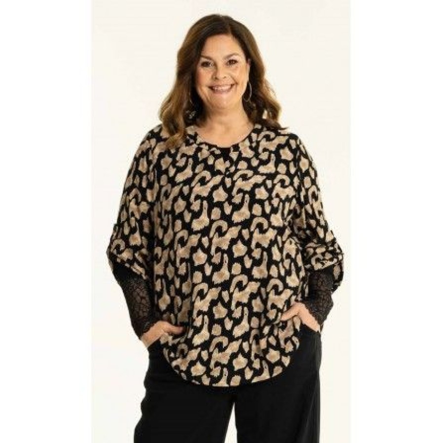 Plus Size Gozzip | Gozzip Galva Blouse - Beige Printet Bluse G236077 Black/Beige