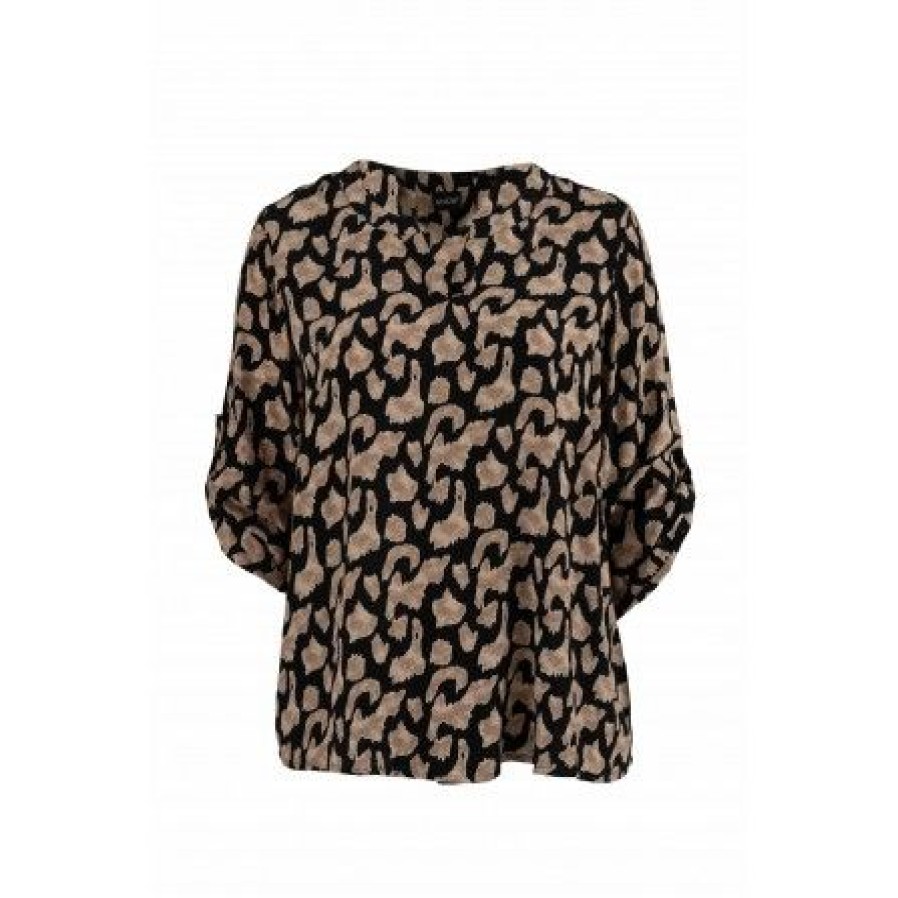 Plus Size Gozzip | Gozzip Galva Blouse - Beige Printet Bluse G236077 Black/Beige