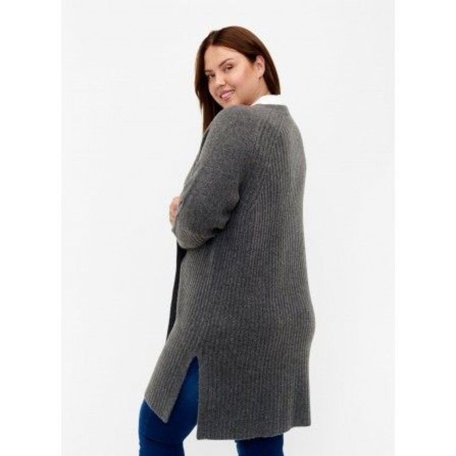 Overdele Zizzi | Zizzi Mcomfy L/S Long Cardigan - Gra Cardigan M61087K Dark Grey Melange